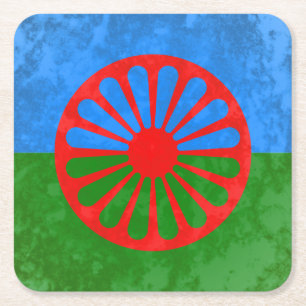 Romani flag square paper coaster