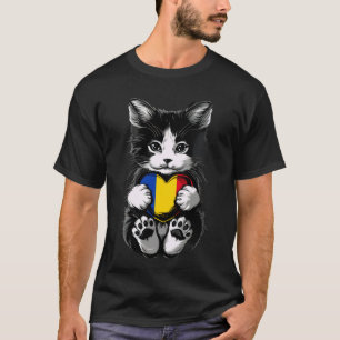Romania Cute Cat Heart Romanian Flag Romanian Root T-Shirt