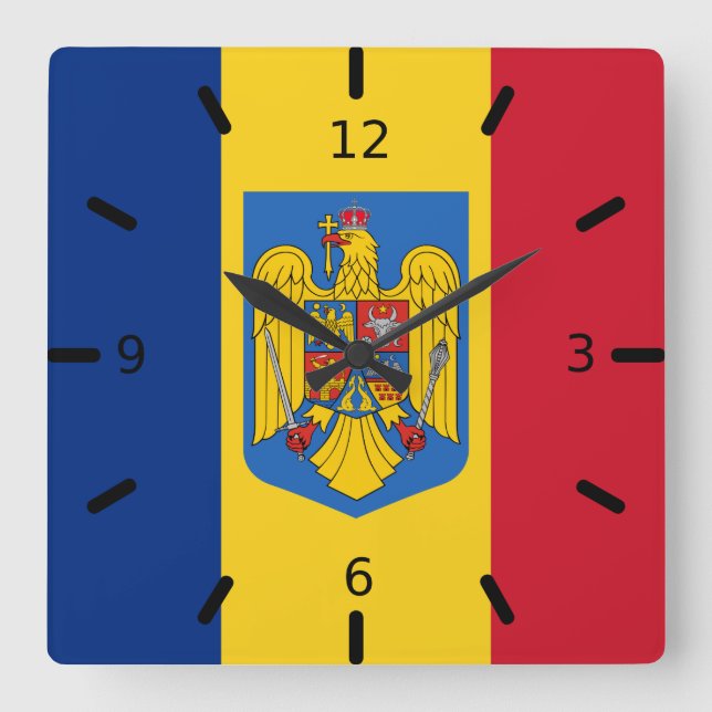 Romania flag-coat of arms   square wall clock (Front)
