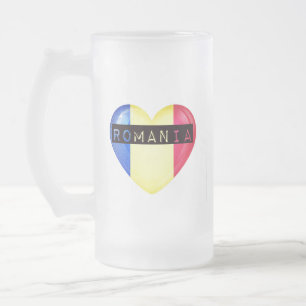 Romania Flag Heart Frosted Glass Beer Mug