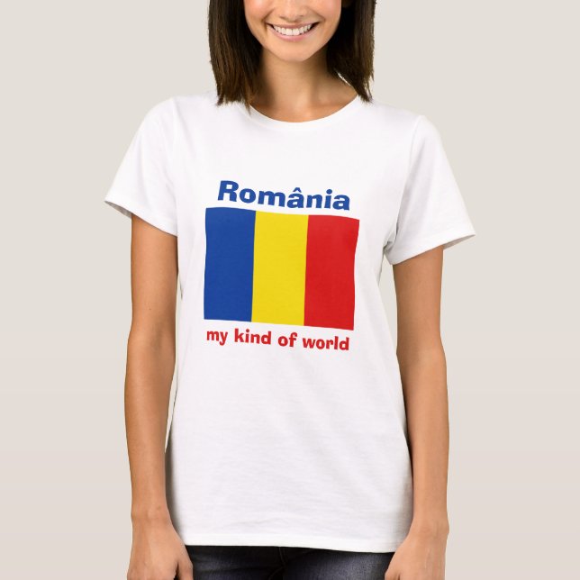 Romania Flag + Map + Text T-Shirt (Front)