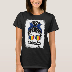Romania Flag Romanian Mum Messy Bun Mum Life T-Shirt