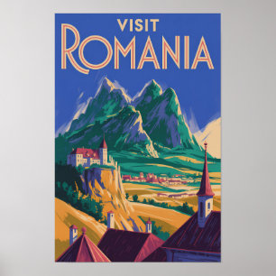 Romania Landscape Illustration Travel Art Vintage Poster