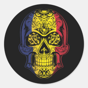 Romania  Skull And Roses Flag Classic Round Sticker