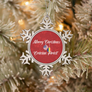 Romanian American Bilingual Merry Christmas Snowflake Pewter Christmas Ornament