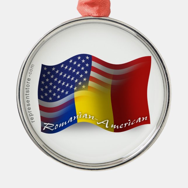Romanian-American Waving Flag Metal Tree Decoration (Front)