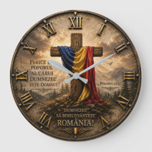 Romanian Christian Cross with Psalm 33:12 Bible Large Clock