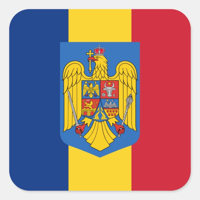 Romanian Flag & Coat of Arms, Flag of Romania Square Sticker (Front)