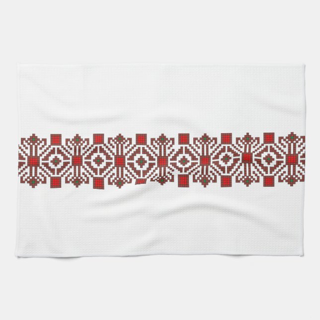 romanian folk costume stitch geometric floral art tea towel (Horizontal)