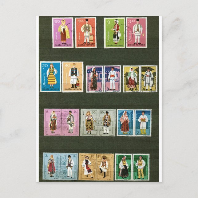 Romanian folk costumes on stamps postcard (Front)