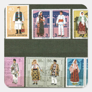 Romanian folk costumes on stamps square sticker