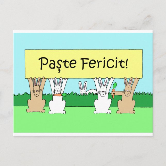 Romanian Happy Easter Cartoon Bunnies Holiday Postcard (Front)