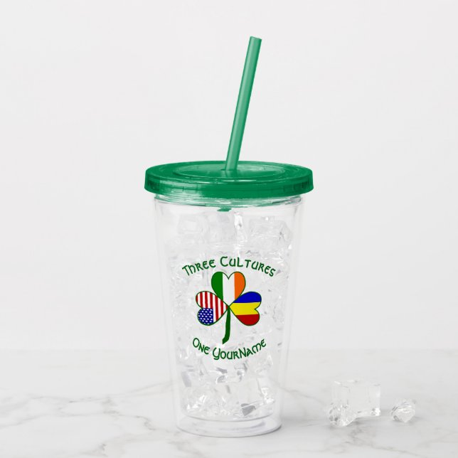 Romanian Irish American Flags Shamrock Personalise Acrylic Tumbler (Back Ice)