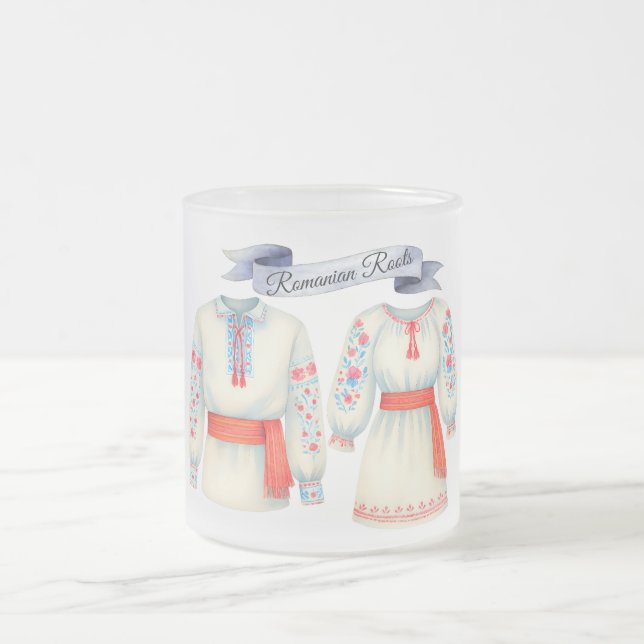 Romanian Roots Folk Costume Traditional Attire Frosted Glass Coffee Mug (Center)