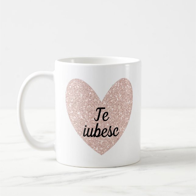 Romanian "Te iubesc" and Rose Gold Heart Coffee Mug (Left)