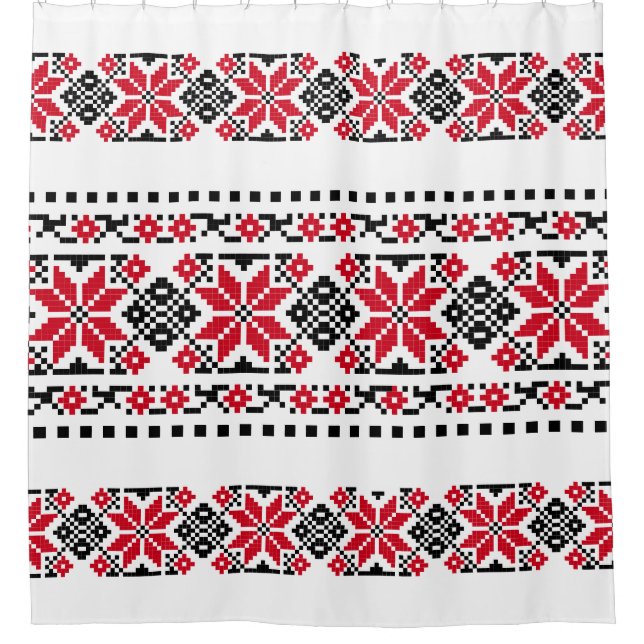 Romanian Traditional Motif "The Stars" Shower Curtain (Front)