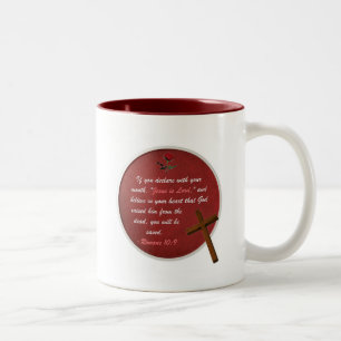 Romans 10:9 Two-Tone coffee mug