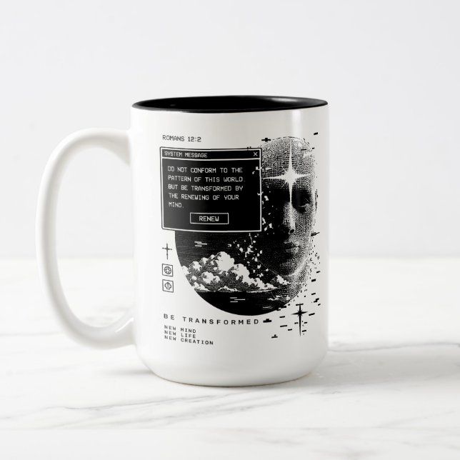 Romans 12:2 Renew Your Mind System Message Alert Two-Tone Coffee Mug (Left)