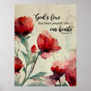 Romans 5:5 God's Love Bible Verse Red Floral Poster