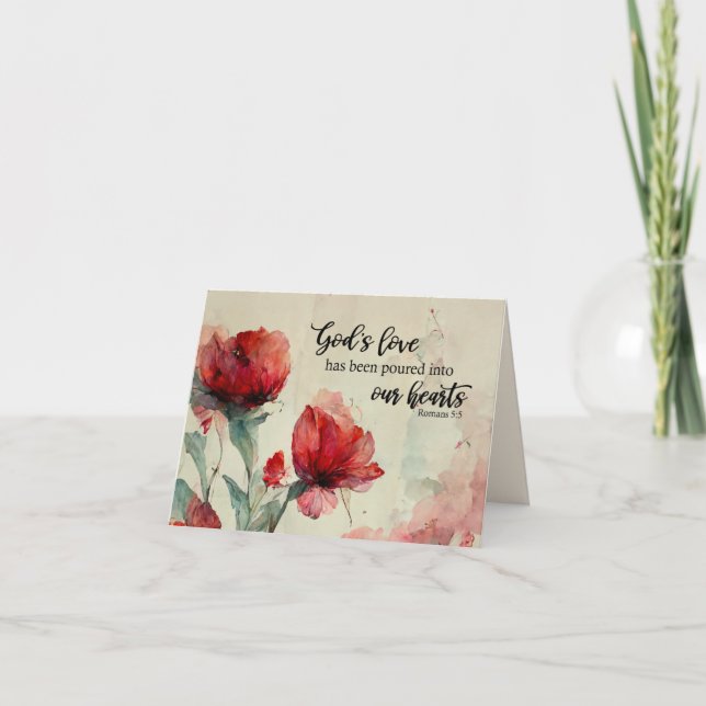 Romans 5:5 God's Love Bible Verse Red Pink Flowers Card (Front)