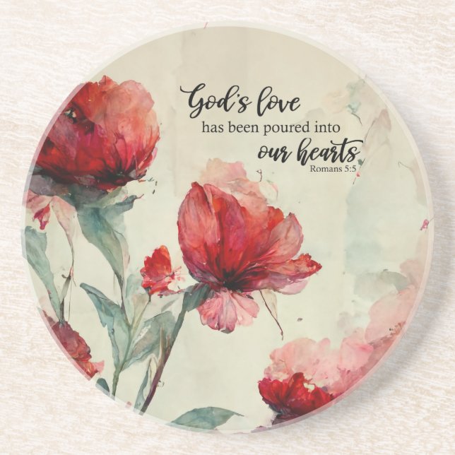 Romans 5:5 God's Love Bible Verse Red Pink Flowers Coaster (Front)