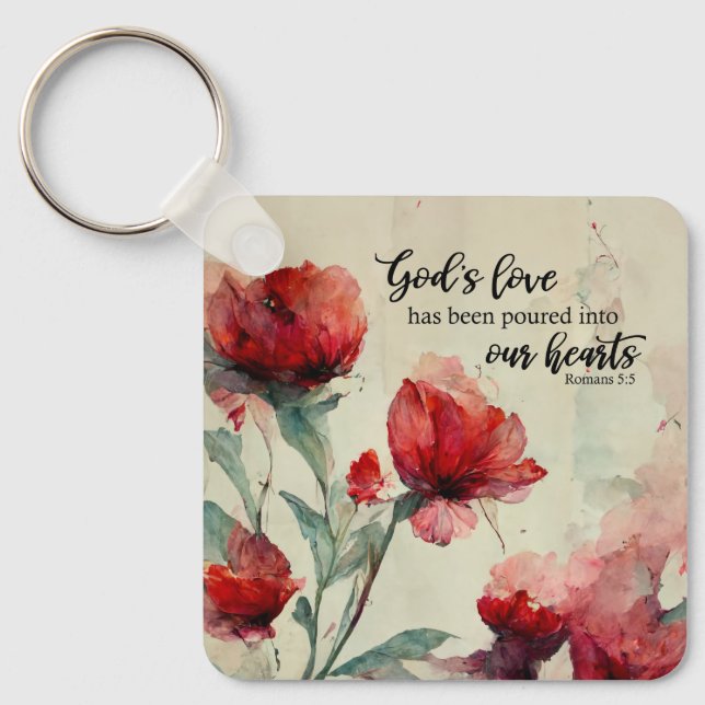 Romans 5:5 God's Love Bible Verse Red Pink Flowers Key Ring (Front)
