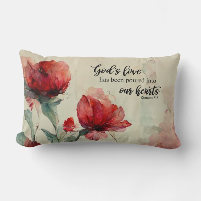 Romans 5:5 God's Love Bible Verse Red Pink Flowers Lumbar Cushion (Front)