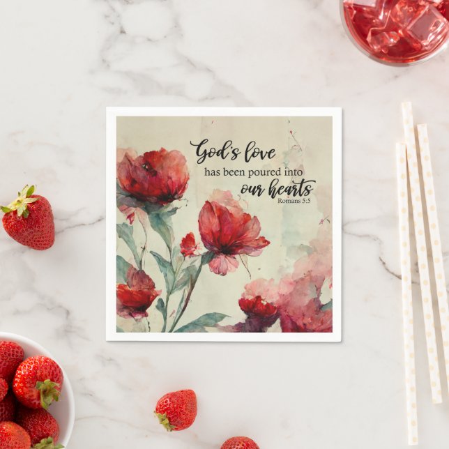 Romans 5:5 God's Love Bible Verse Red Pink Flowers Napkin (Insitu)