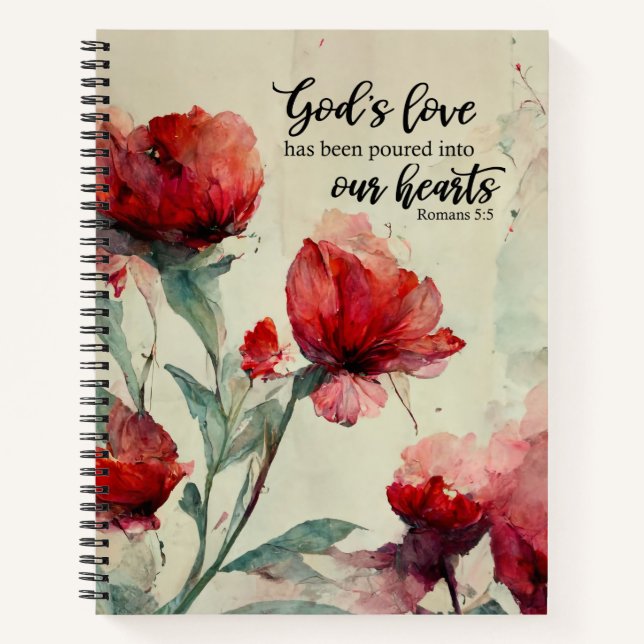 Romans 5:5 God's Love Bible Verse Red Pink Flowers Notebook (Front)