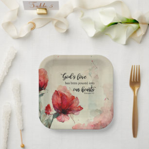 Romans 5:5 God's Love Bible Verse Red Pink Flowers Paper Plate