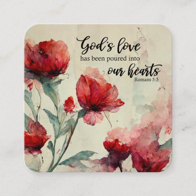 Romans 5:5 God's Love Bible Verse Red Pink Flowers Square Business Card (Front)