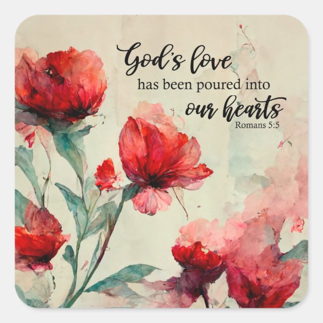 Romans 5:5 God's Love Bible Verse Red Pink Flowers Square Sticker (Front)