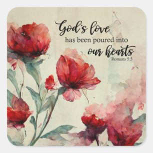 Romans 5:5 God's Love Bible Verse Red Pink Flowers Square Sticker