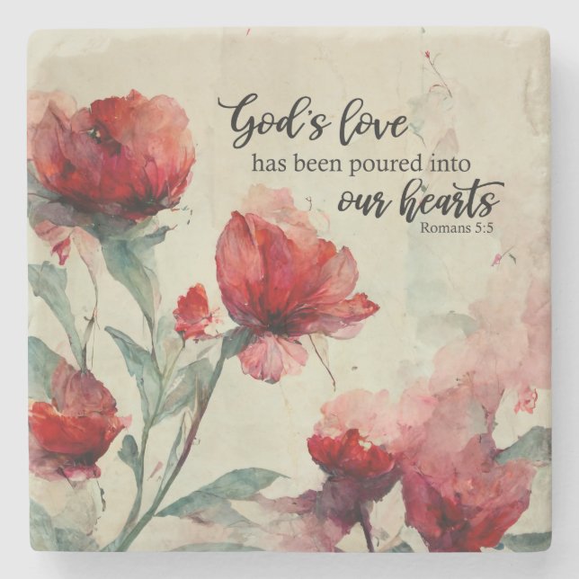 Romans 5:5 God's Love Bible Verse Red Pink Flowers Stone Coaster (Front)