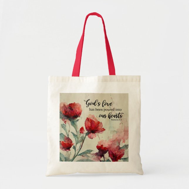 Romans 5:5 God's Love Bible Verse Red Pink Flowers Tote Bag (Front)