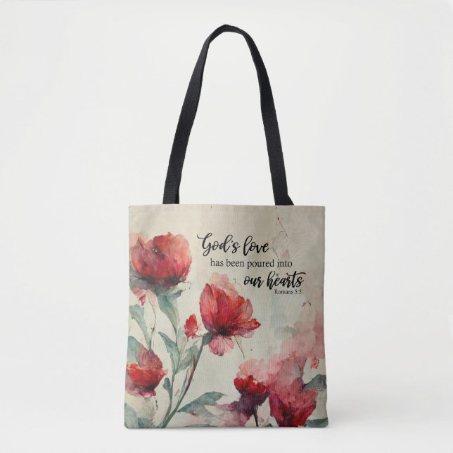 Romans 5:5 God's Love Bible Verse Red Pink Flowers Tote Bag (Front)
