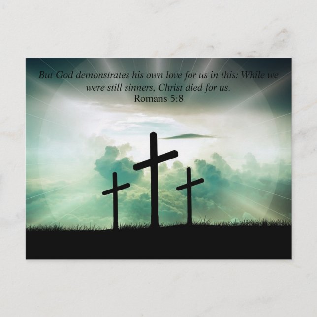 Romans 5:8 Bible Verse 3 Crosses Bright Sky Easter Postcard (Front)