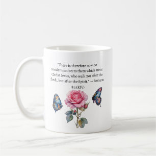 Romans 8:1 KJV Pink Rose and Butterfly Faith Coffee Mug