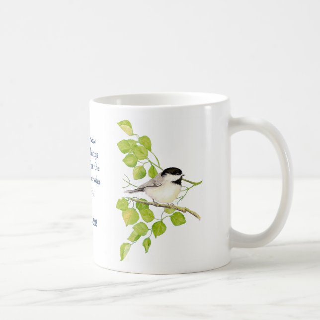 Romans 8:28 Bible Scripture Chickadee Bird Art Coffee Mug (Right)