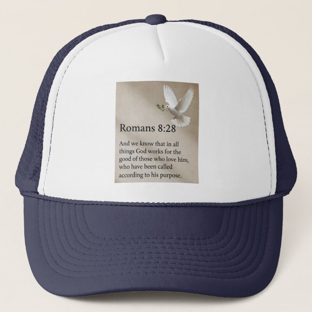 Romans 8:28 Bible Verse Trucker Hat (Front)
