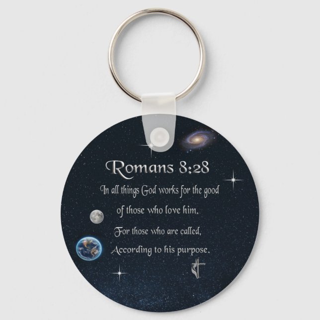 Romans 8:28 Christian Bible verse Key Ring (Front)