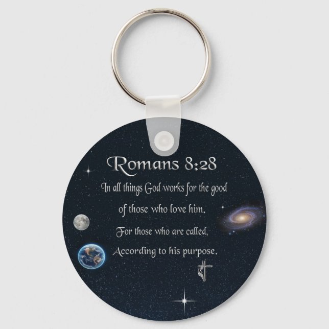 Romans 8:28 Christian Bible verse Key Ring (Front)