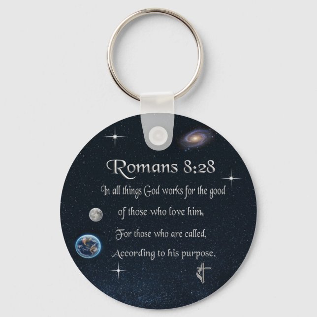 Romans 8:28 Christian Bible verse Key Ring (Front)