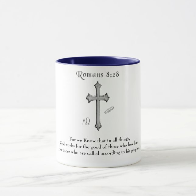Romans 8:28 Christian Bible verse Mug (Center)