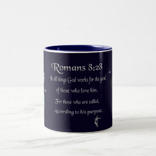 Romans 8:28 Christian Bible verse Two-Tone Coffee Mug