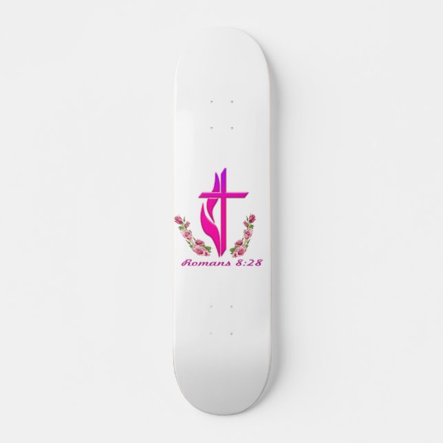 Romans 8:28 christian products skateboard (Front)
