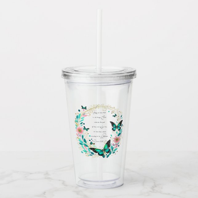 Romans 8:28 Flowers and butterflies  Acrylic Tumbler (Front)