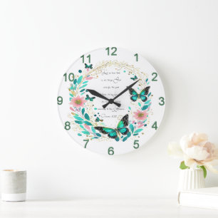 Romans 8:28 Flowers and butterflies Large Clock