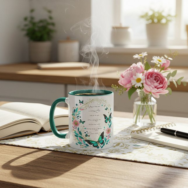 Romans 8:28 Flowers and butterflies  Mug (Creator Uploaded)