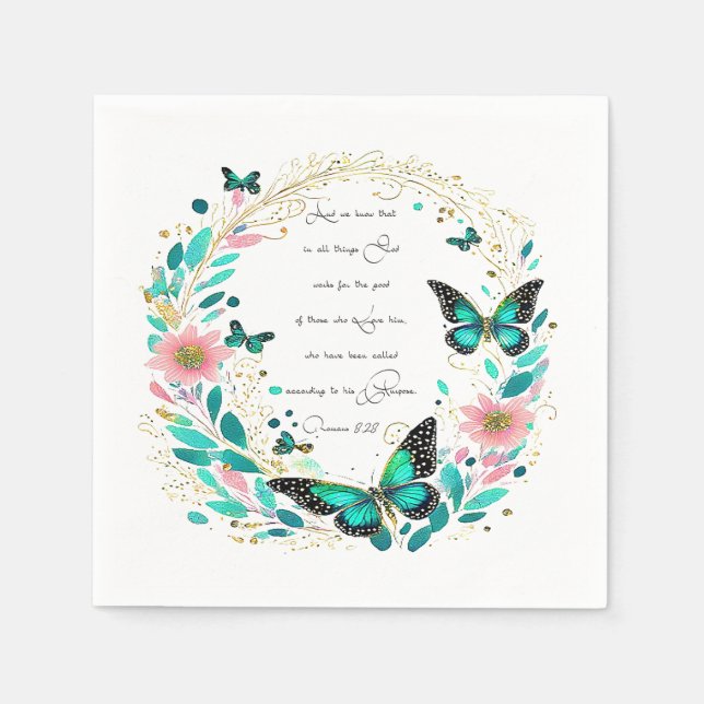 Romans 8:28 Flowers and butterflies  Napkin (Front)